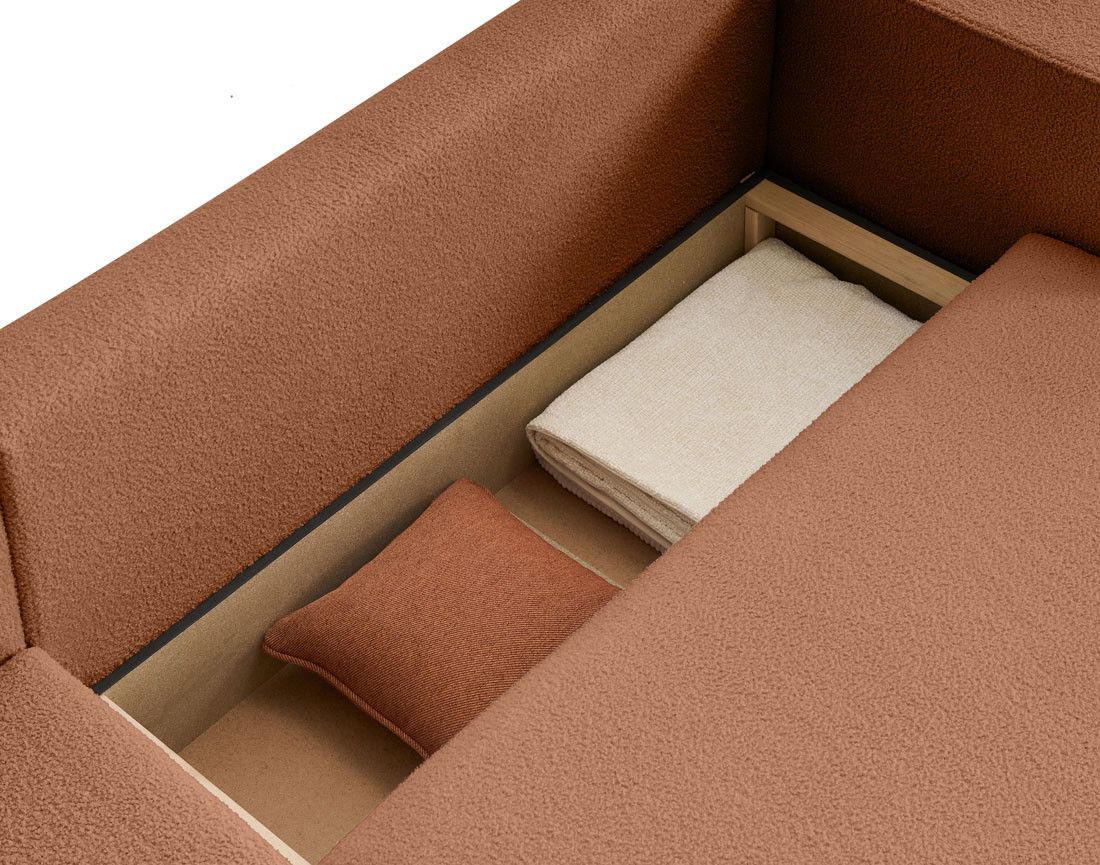 Canapé d'angle 4 places convertible avec coffre en tissu bouclette Topaze