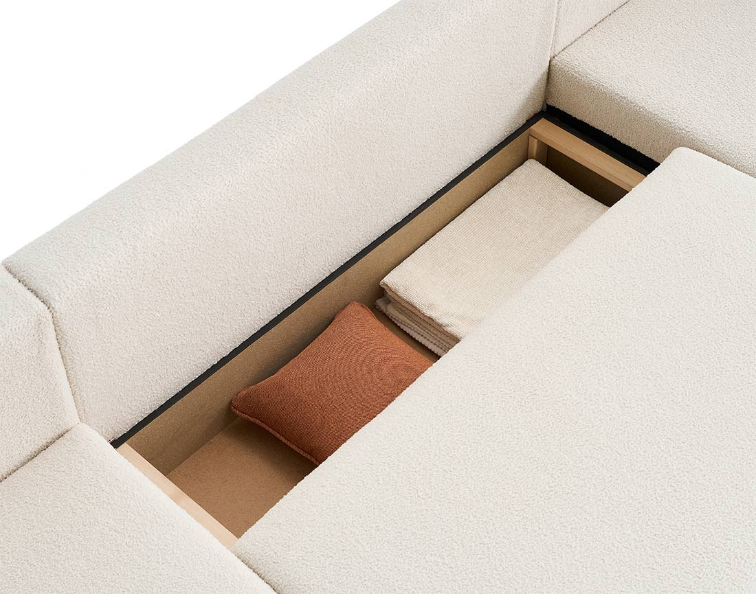 Canapé panoramique en U 7 places convertible avec coffre en tissu bouclette Topaze