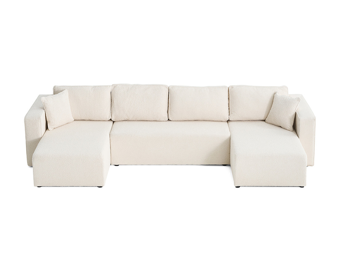 Canapé panoramique en U 7 places convertible avec coffre en tissu bouclette Topaze