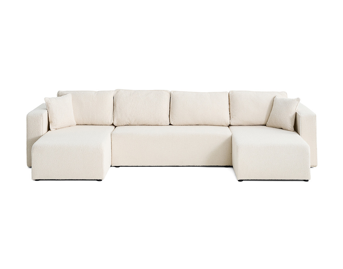 Canapé panoramique en U 7 places convertible avec coffre en tissu bouclette Topaze