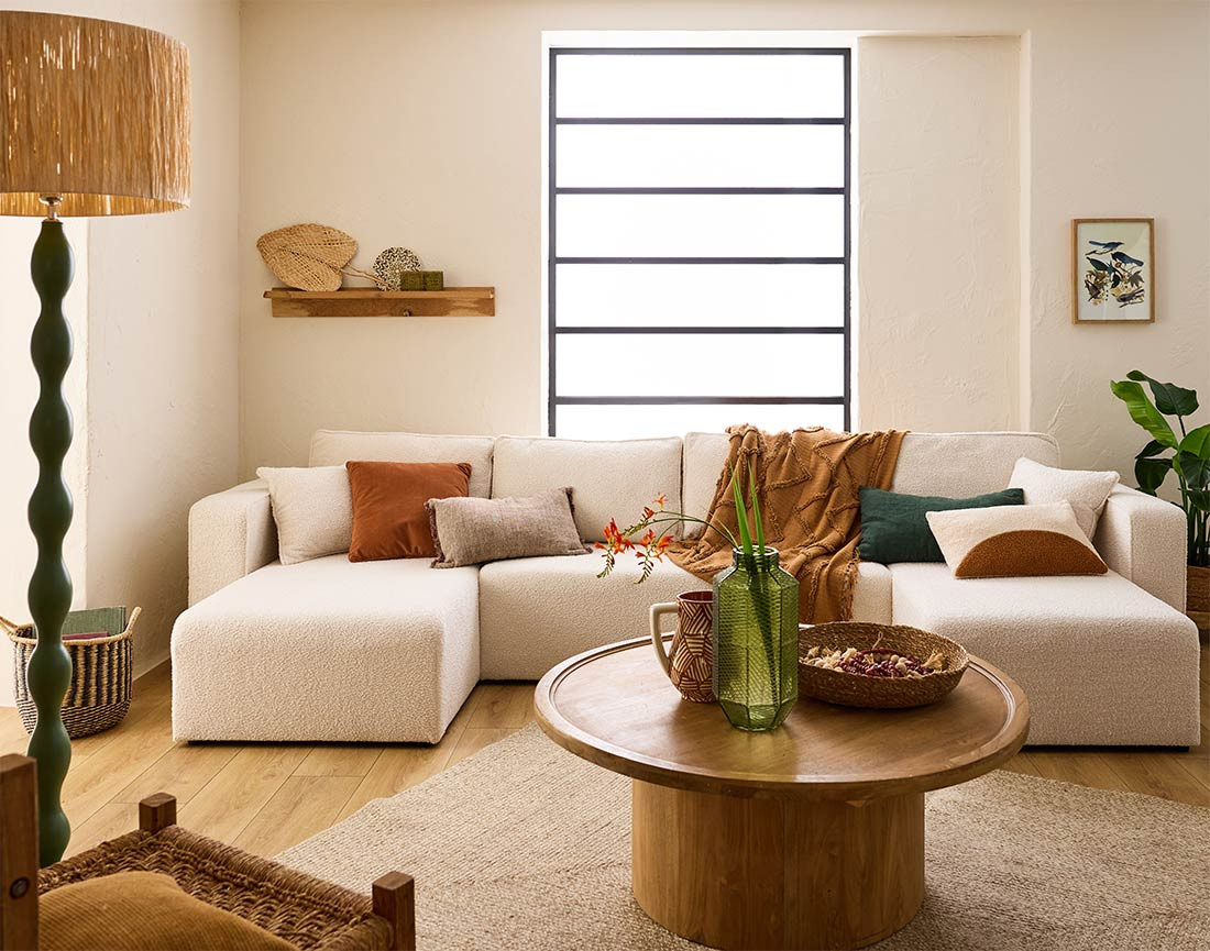 Canapé panoramique en U 7 places convertible avec coffre en tissu bouclette Topaze