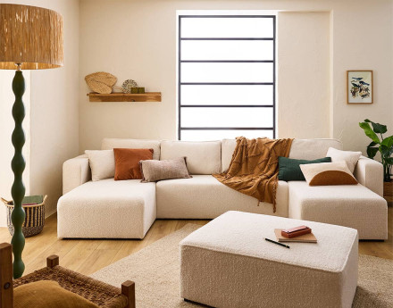 Canapé panoramique en U 7 places convertible avec coffre en tissu bouclette Topaze