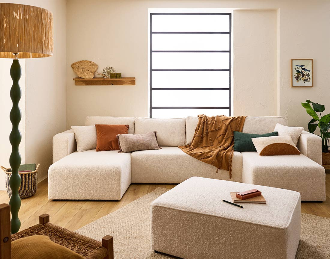 Canapé panoramique en U 7 places convertible avec coffre en tissu bouclette Topaze