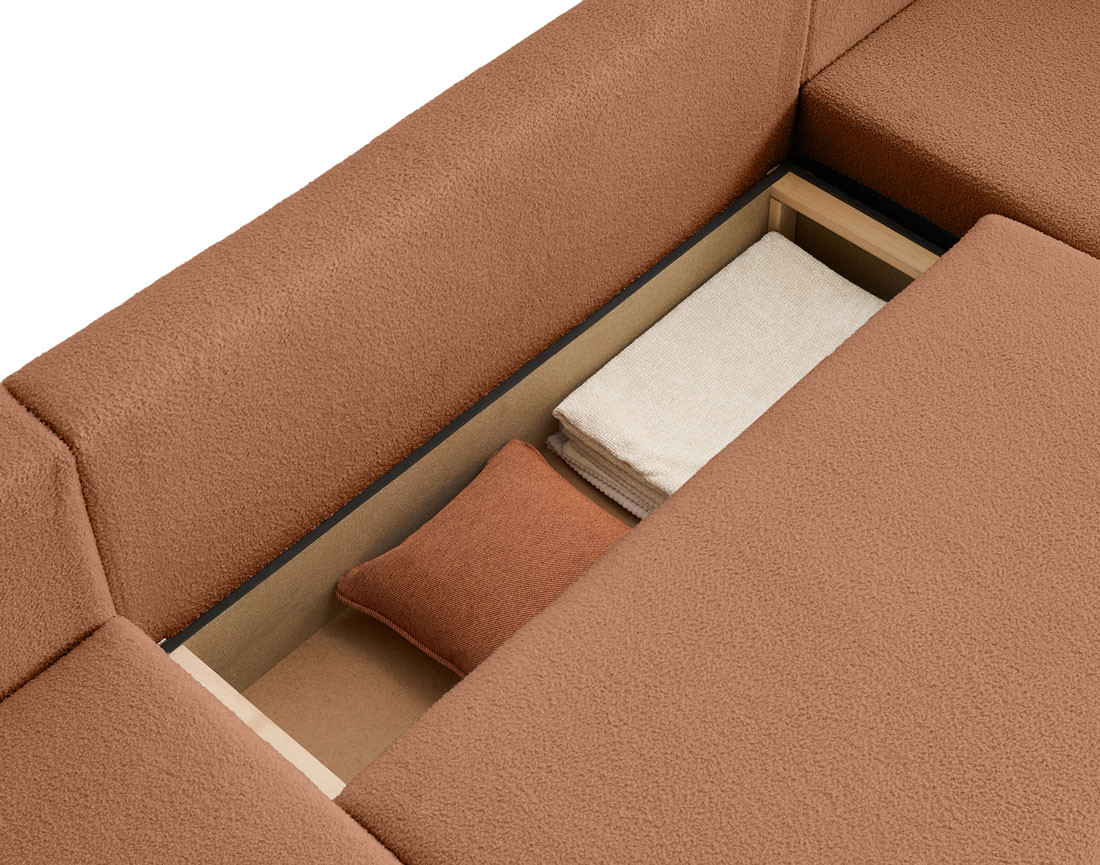 Canapé panoramique en U 7 places convertible avec coffre en tissu bouclette Topaze