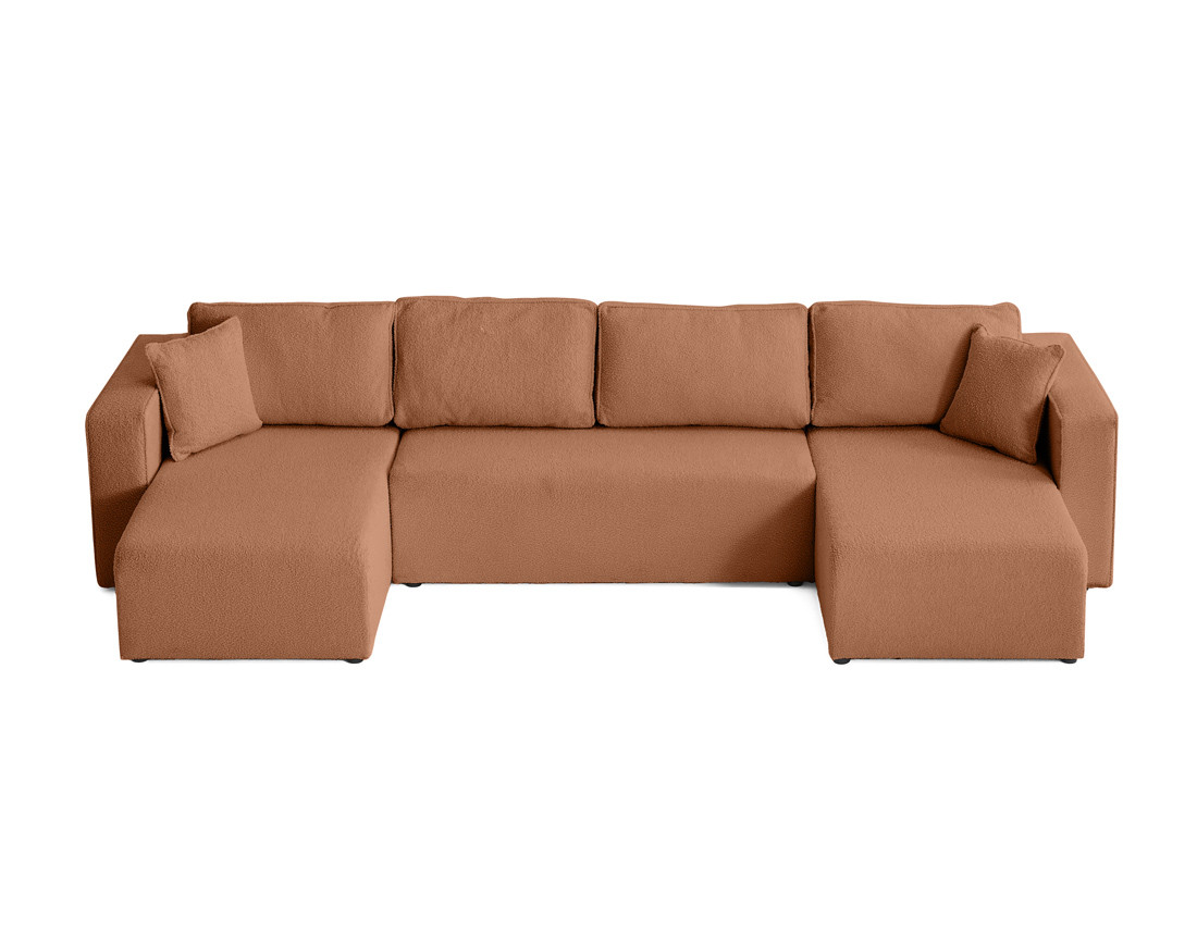 Canapé panoramique en U 7 places convertible avec coffre en tissu bouclette Topaze