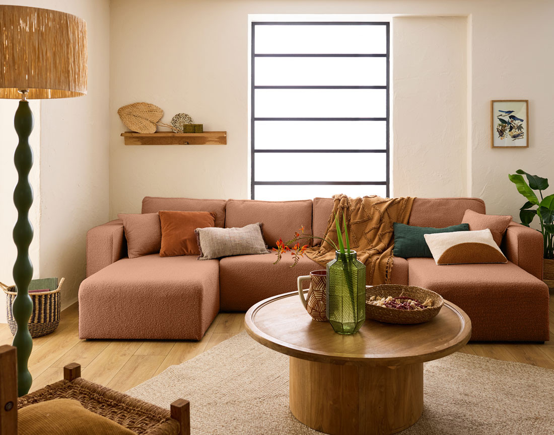 Canapé panoramique en U 7 places convertible avec coffre en tissu bouclette Topaze