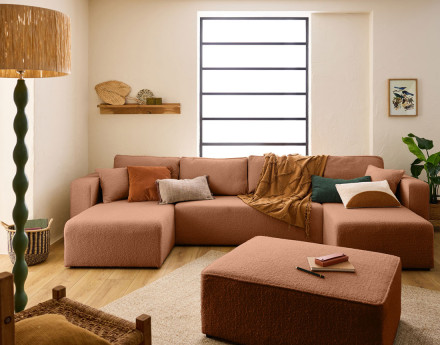 Canapé panoramique en U 7 places convertible avec coffre en tissu bouclette Topaze