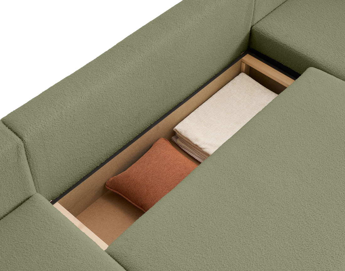 Canapé panoramique en U 7 places convertible avec coffre en tissu bouclette Topaze