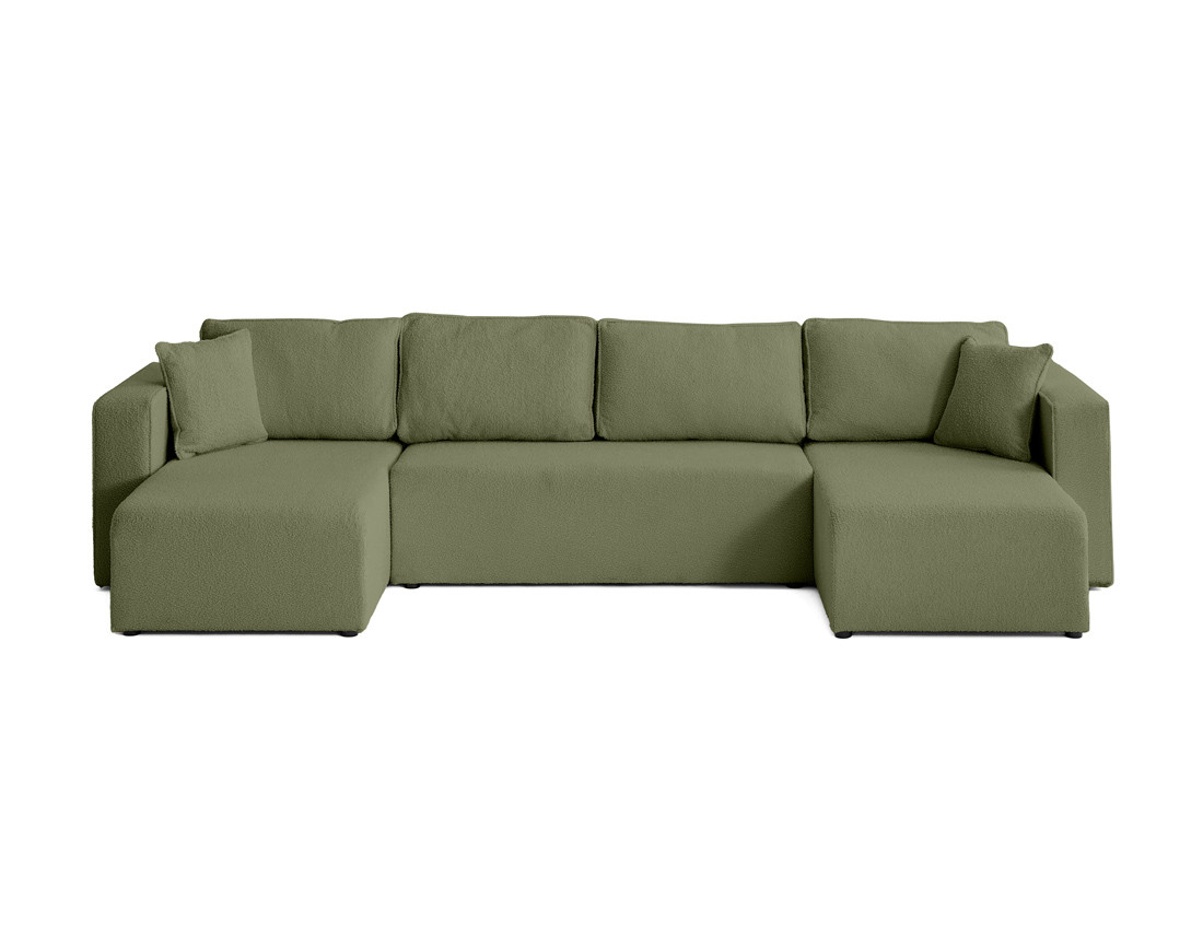 Canapé panoramique en U 7 places convertible avec coffre en tissu bouclette Topaze