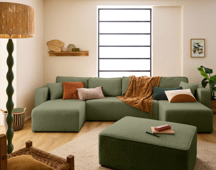 Canapé panoramique en U 7 places convertible avec coffre en tissu bouclette Topaze