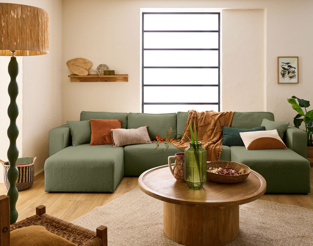 Canapé panoramique en U 7 places convertible avec coffre en tissu bouclette Topaze