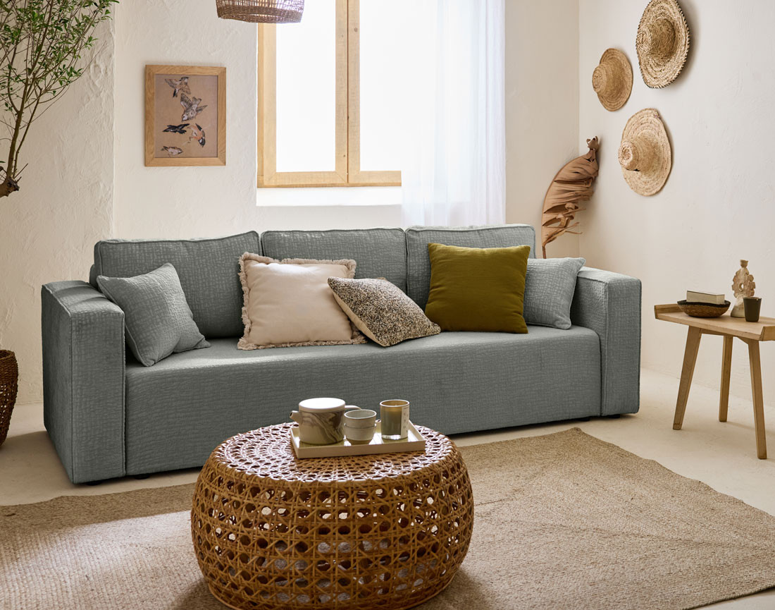 Canapé 3 places convertible avec coffre en tissu velours relief Topaze Canapé 3 places convertible avec coffre en tissu velours relief Topaze
