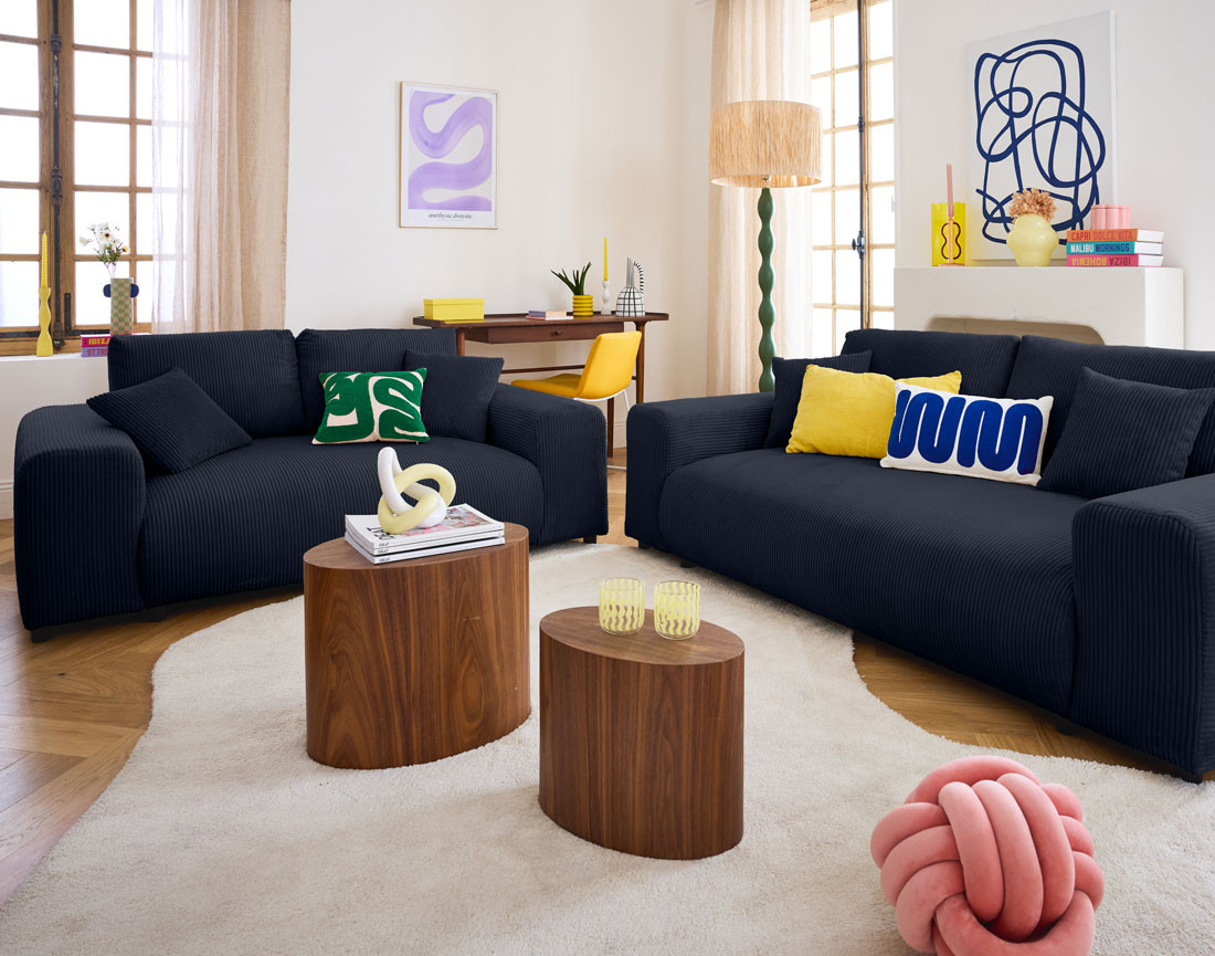 Canapé droit 2 places en velours côtelé Garance