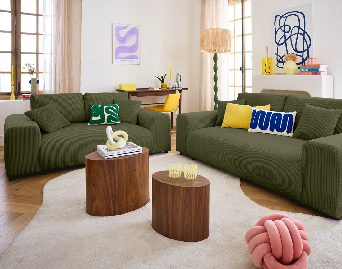 Canapé droit 3 places en velours côtelé Garance