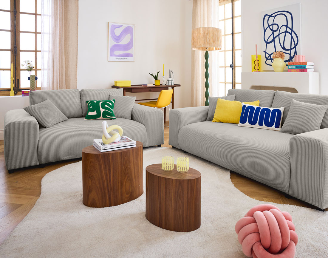 Canapé droit 3 places en velours côtelé Garance