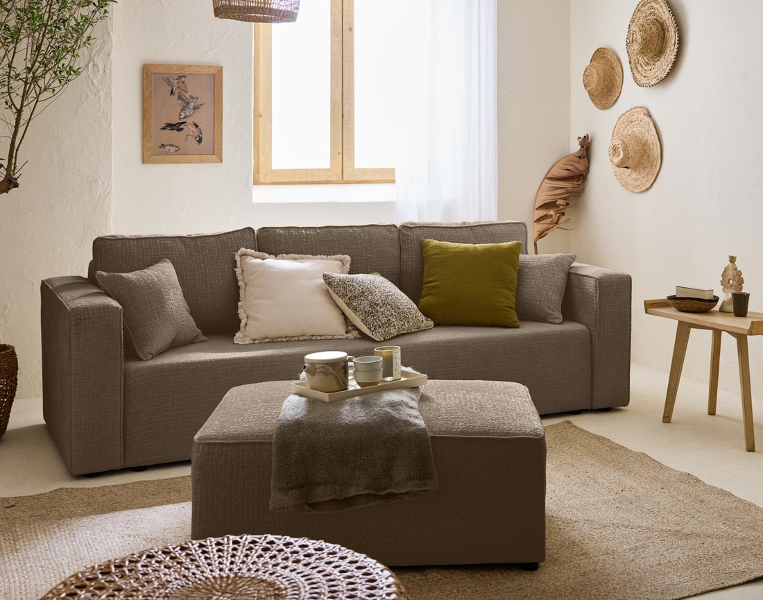 Canapé 3 places convertible avec coffre en tissu velours relief Topaze