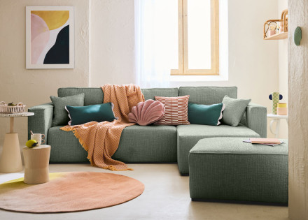 Canapé d'angle réversible 4 places convertible avec coffre en tissu velours relief Topaze