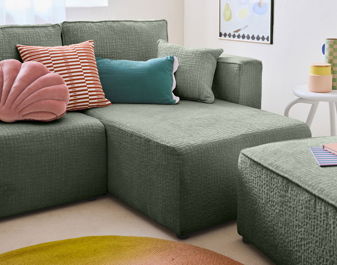 Canapé d'angle réversible 4 places convertible avec coffre en tissu velours relief Topaze