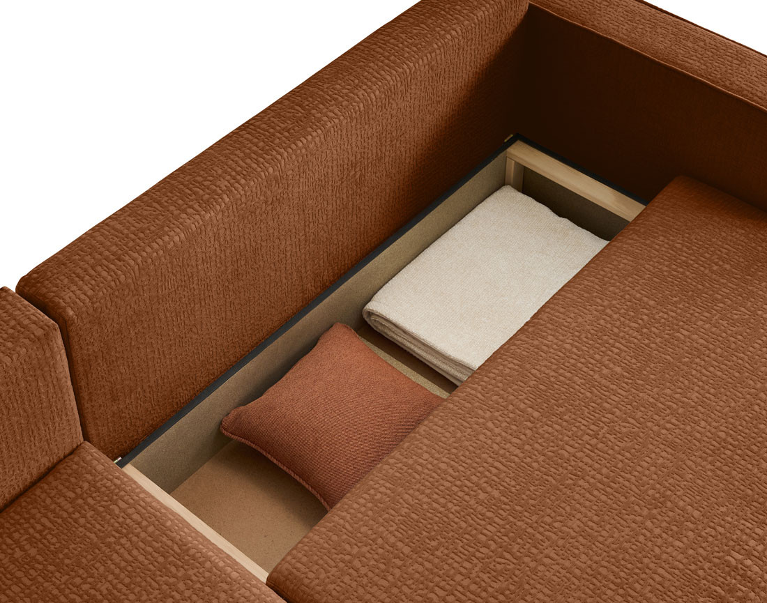 Canapé d'angle réversible 4 places convertible avec coffre en tissu velours relief Topaze