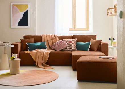 Canapé d'angle réversible 4 places convertible avec coffre en tissu velours relief Topaze