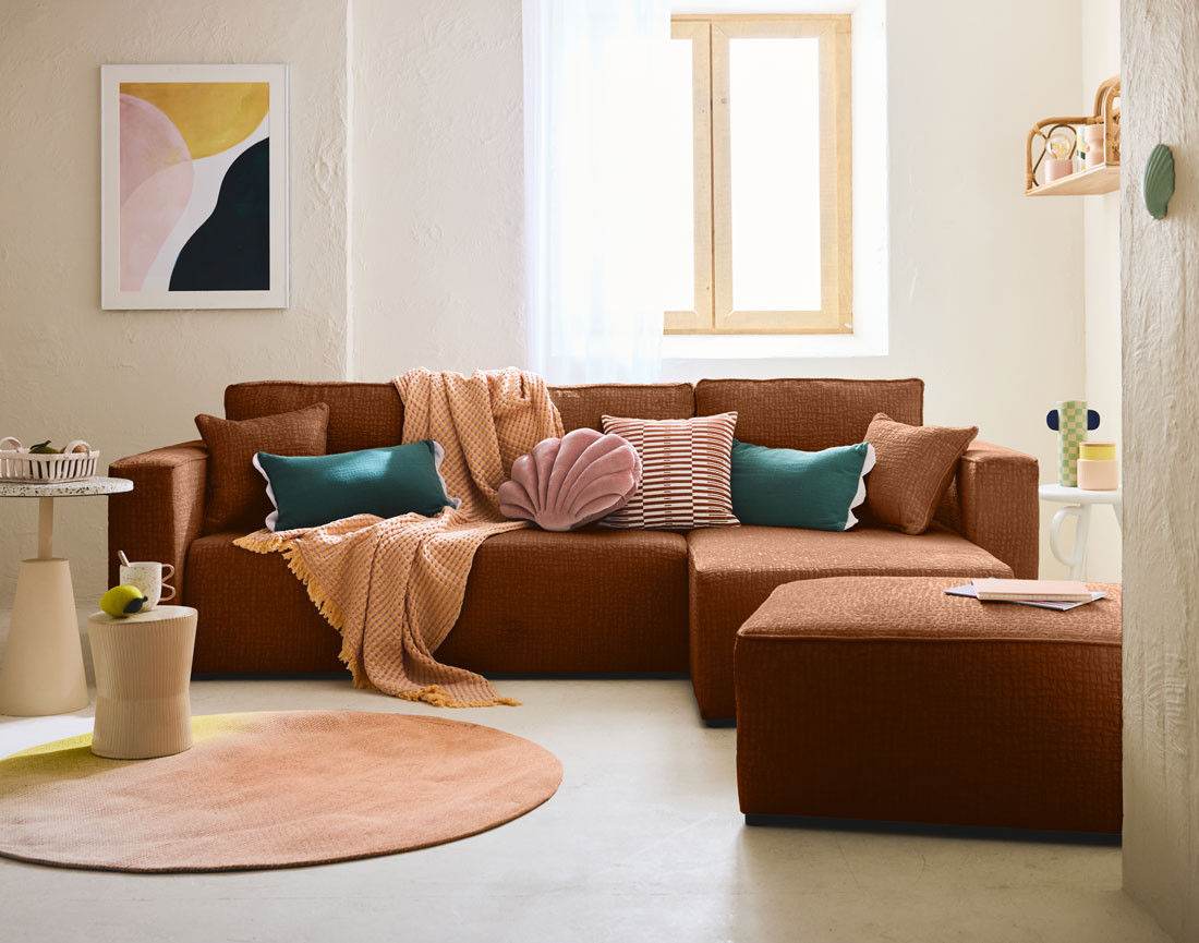 Canapé d'angle réversible 4 places convertible avec coffre en tissu velours relief Topaze