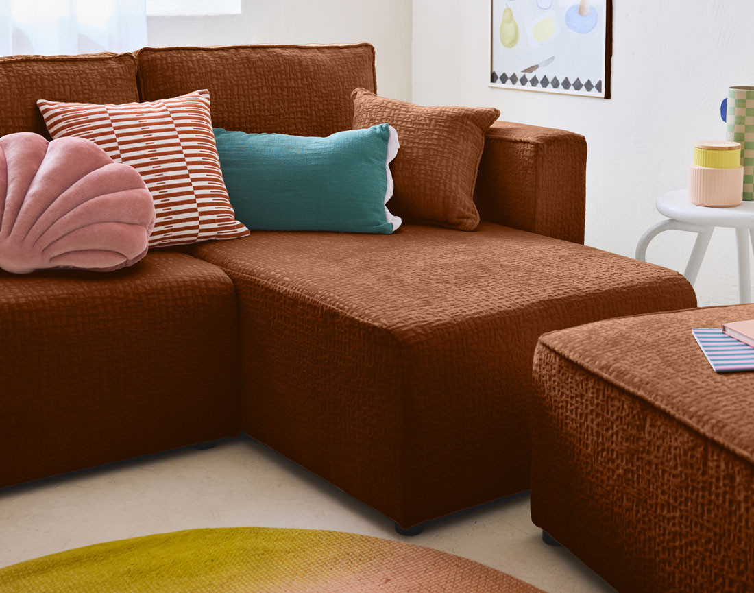 Canapé d'angle réversible 4 places convertible avec coffre en tissu velours relief Topaze