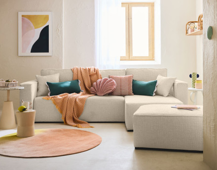 Canapé d'angle réversible 4 places convertible avec coffre en tissu velours relief Topaze