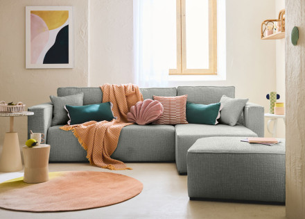 Canapé d'angle réversible 4 places convertible avec coffre en tissu velours relief Topaze