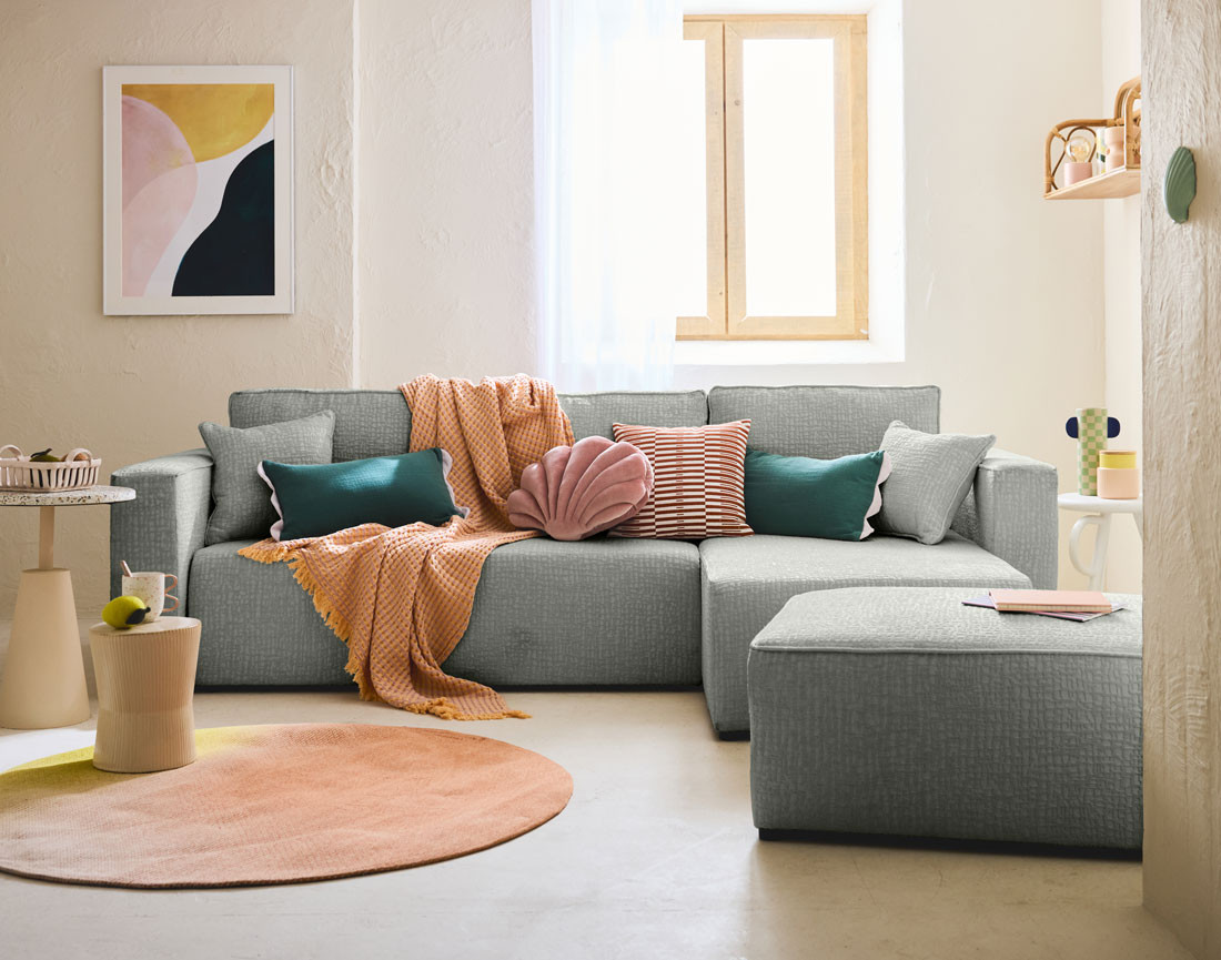 Canapé d'angle réversible 4 places convertible avec coffre en tissu velours relief Topaze Canapé d'angle réversible 4 places convertible avec coffre en tissu velours relief Topaze