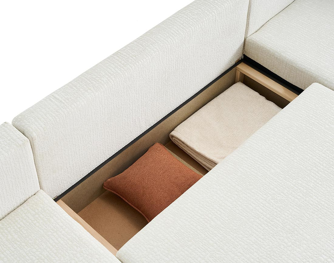 Canapé panoramique en U convertible avec coffre en tissu velours relief Topaze