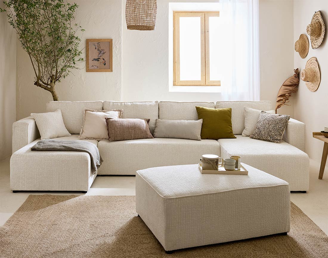 Canapé panoramique en U convertible avec coffre en tissu velours relief Topaze