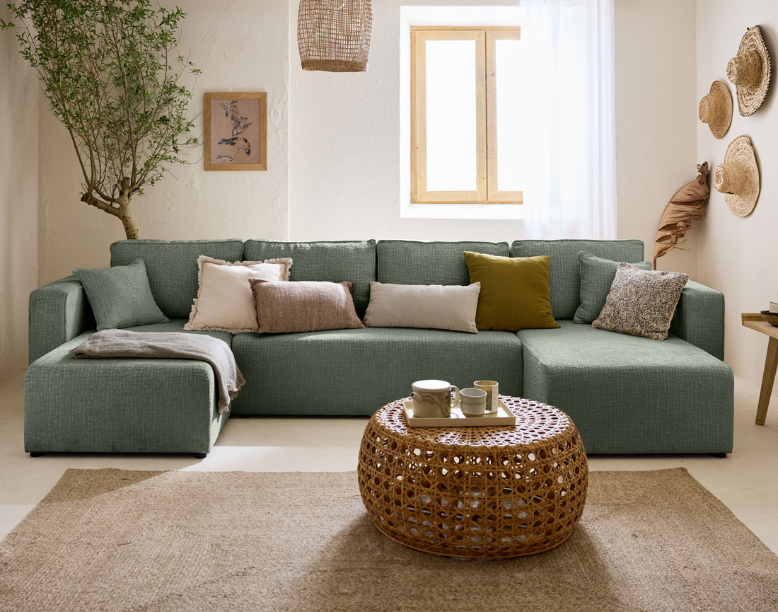 Canapé panoramique en U convertible avec coffre en tissu velours relief Topaze