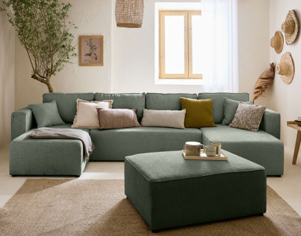 Canapé panoramique en U convertible avec coffre en tissu velours relief Topaze