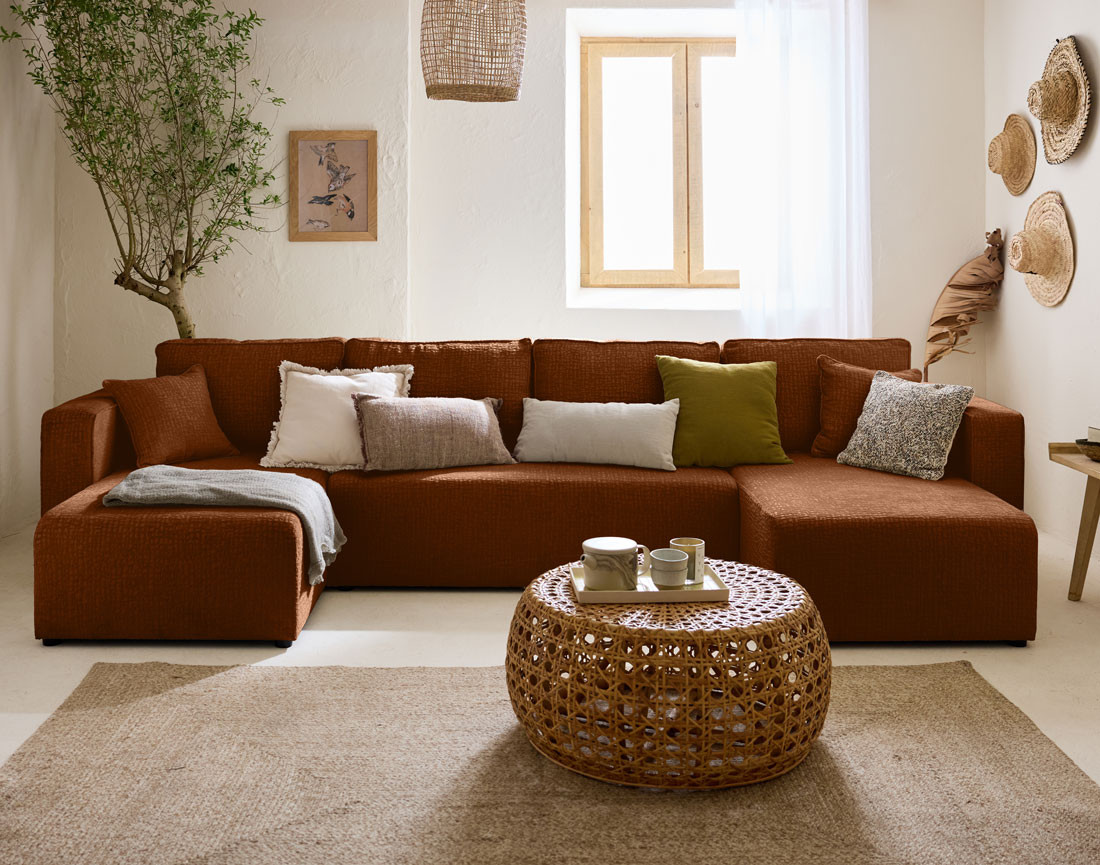 Canapé panoramique en U convertible avec coffre en tissu velours relief Topaze