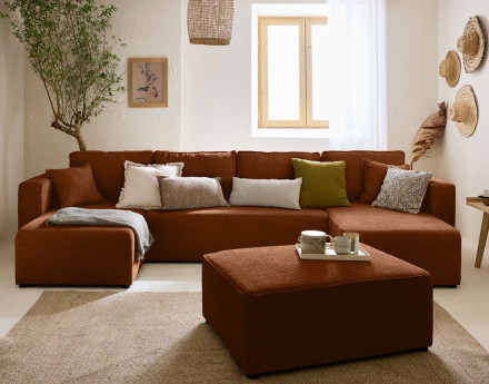 Canapé panoramique en U convertible avec coffre en tissu velours relief Topaze