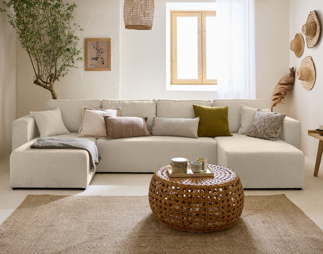 Canapé panoramique en U convertible avec coffre en tissu velours relief Topaze Canapé panoramique en U convertible avec coffre en tissu velours relief Topaze