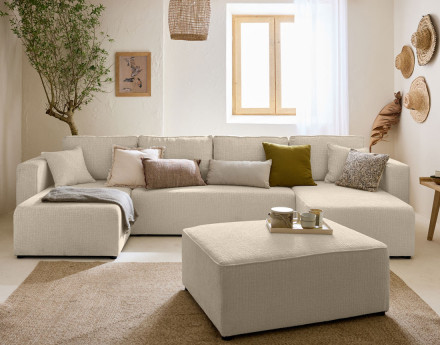 Canapé panoramique en U convertible avec coffre en tissu velours relief Topaze