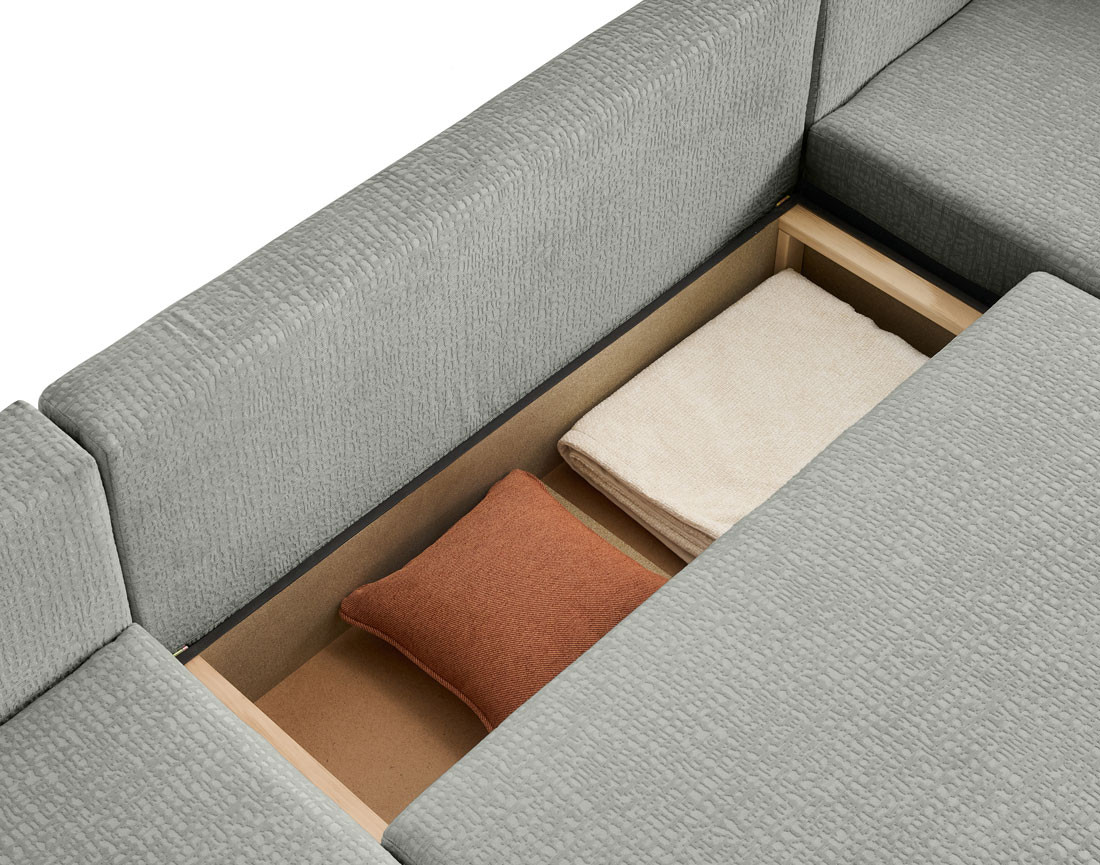 Canapé panoramique en U convertible avec coffre en tissu velours relief Topaze Canapé panoramique en U convertible avec coffre en tissu velours relief Topaze