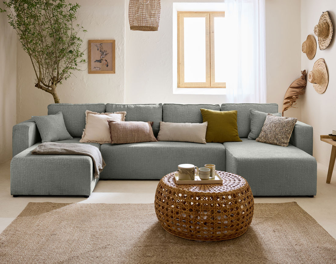 Canapé panoramique en U convertible avec coffre en tissu velours relief Topaze Canapé panoramique en U convertible avec coffre en tissu velours relief Topaze