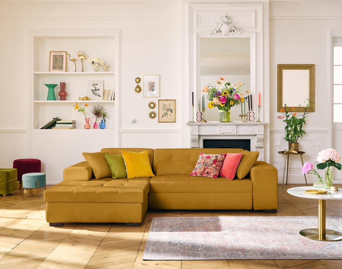 Canapé d'angle convertible Vermont 4 places avec coffre - angle gauche