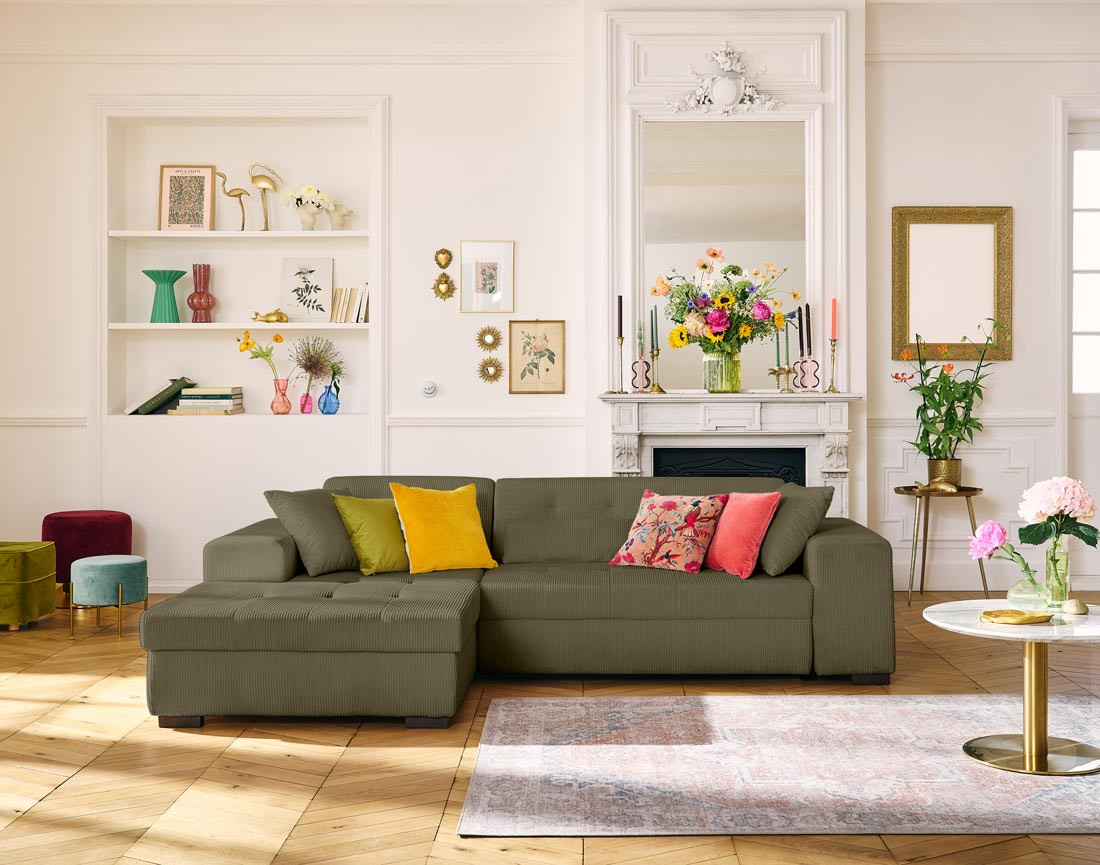 Canapé d'angle convertible Vermont 4 places avec coffre - angle gauche