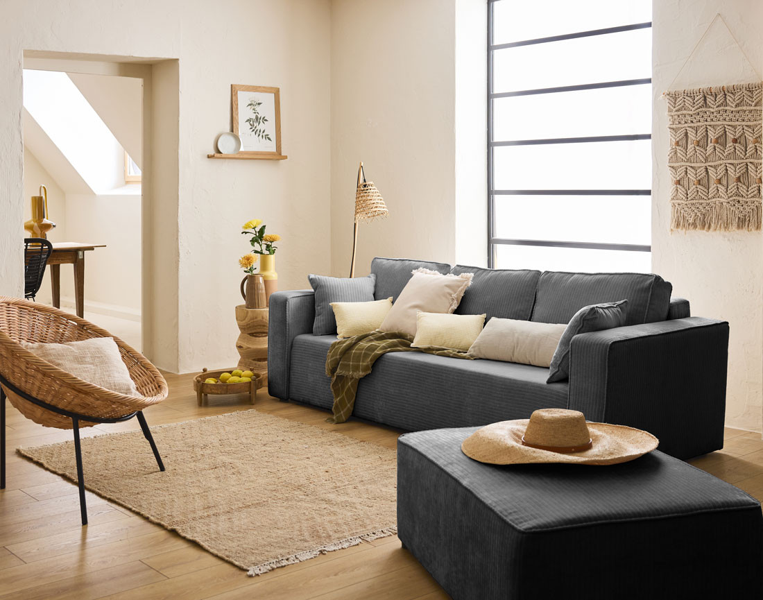 Canapé 3 places convertible avec coffre en velours côtelé plat Topaze