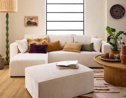 Canapé d'angle convertible avec coffre en velours côtelé plat Topaze