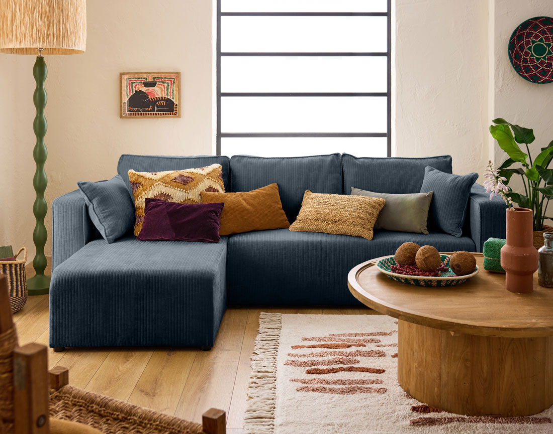 Canapé d'angle convertible avec coffre en velours côtelé plat Topaze