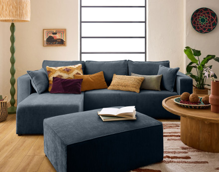 Canapé d'angle convertible avec coffre en velours côtelé plat Topaze