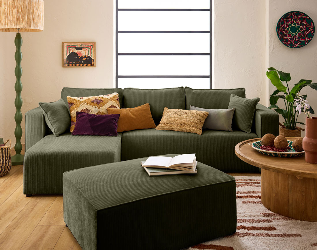 Canapé d'angle convertible avec coffre en velours côtelé plat Topaze