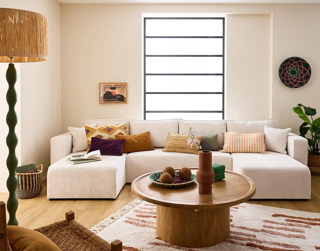 Canapé panoramique convertible avec coffre en velours côtelé plat Topaze Canapé panoramique convertible avec coffre en velours côtelé plat Topaze