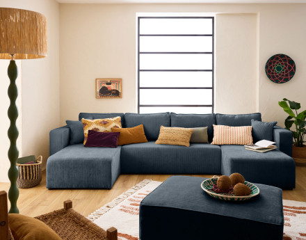 Canapé panoramique convertible avec coffre en velours côtelé plat Topaze