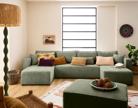 Canapé panoramique convertible avec coffre en velours côtelé plat Topaze