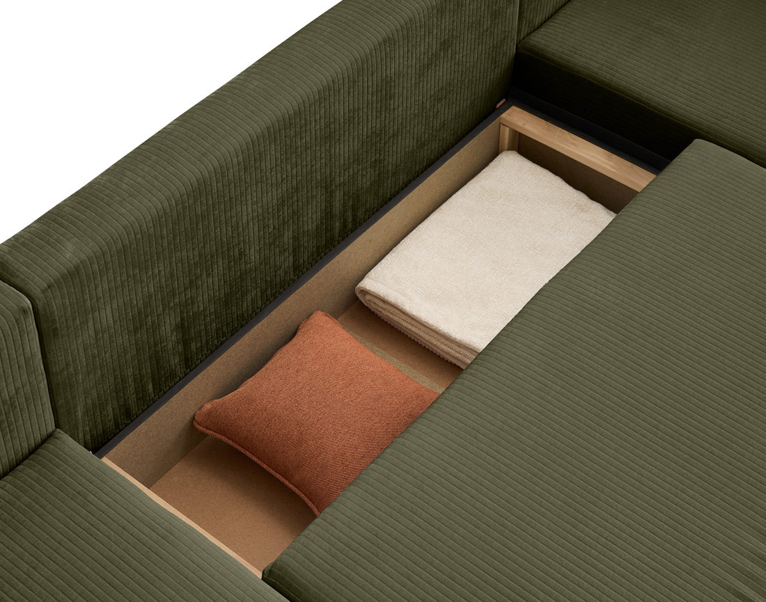 Canapé panoramique convertible avec coffre en velours côtelé plat Topaze